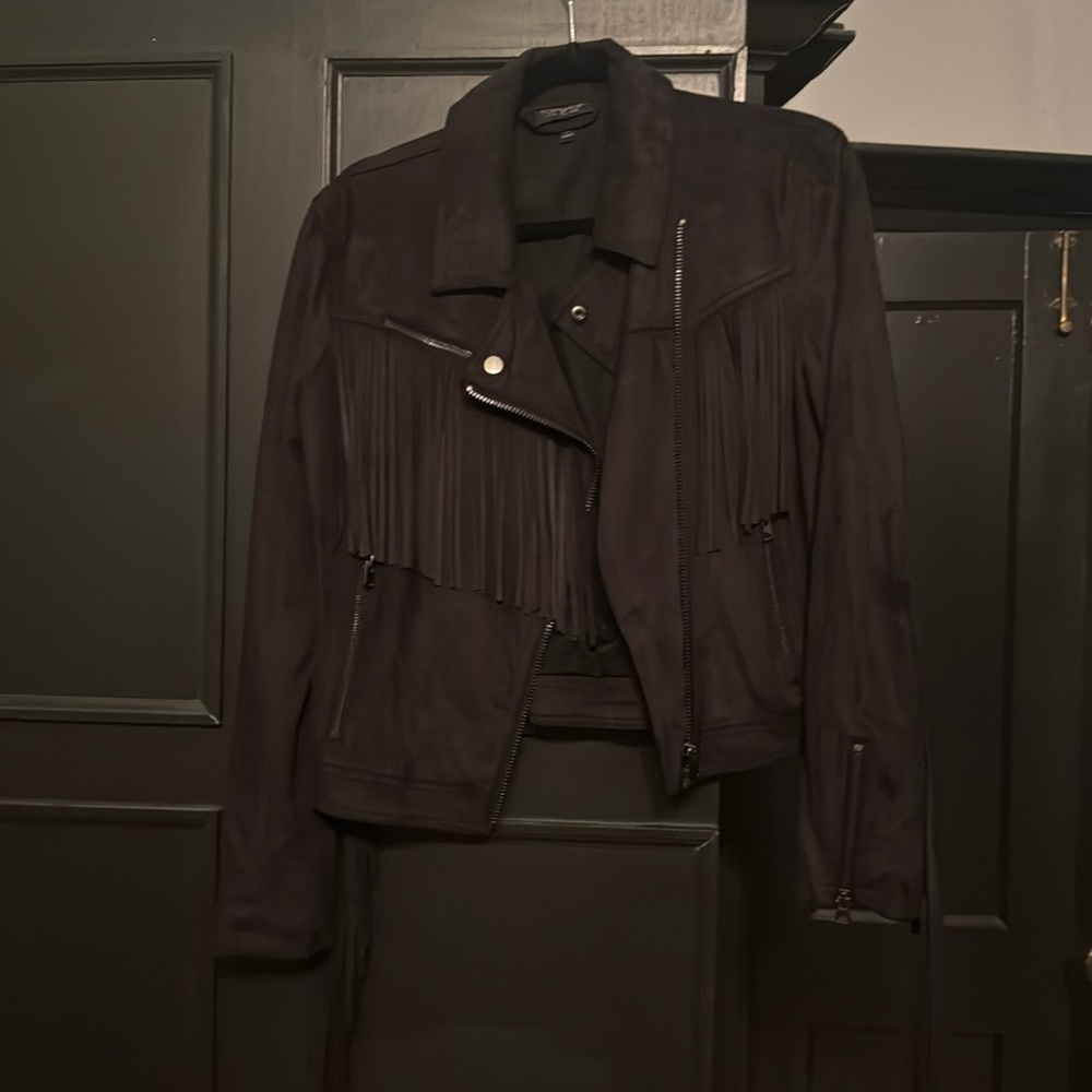 TOPSHOP FRINGED FAUX SUEDE MOTO JACKET